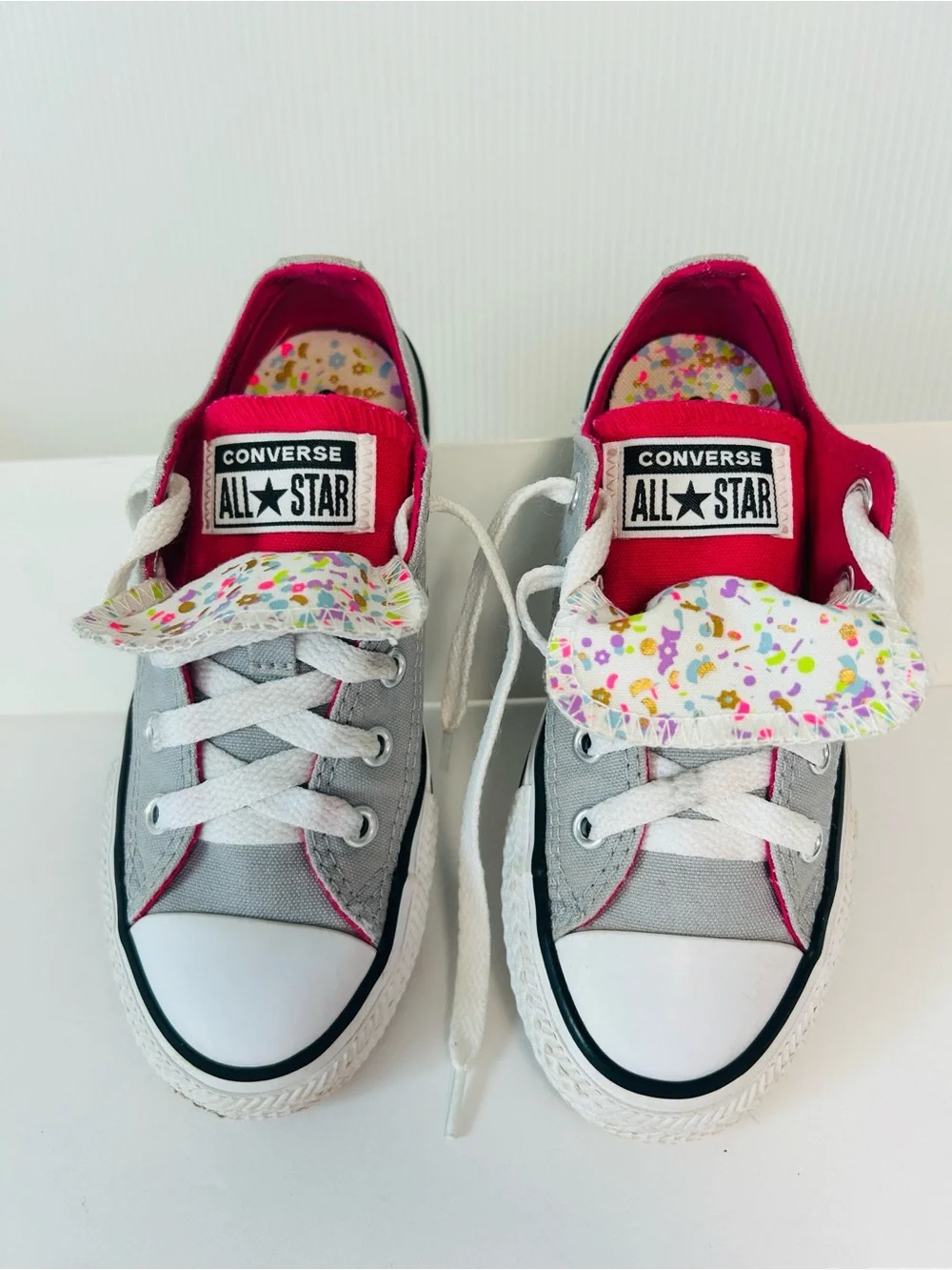 Converse All Star Double-Tongue Low-Top Grey Pink Canvas Sneakers Kids Size 12